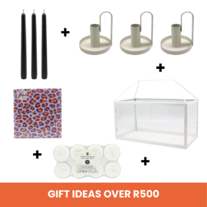 Gifts Over R500 - Dinner Taper 25cm Candle Assorted Colours + Metal Nightingale Dinner Candle Holder + Box Lantern Rectangular + Large Tealight 8.5hr Clear Cup 8pk + Printed 3ply Serviettes (20pk) Assorted Designs
