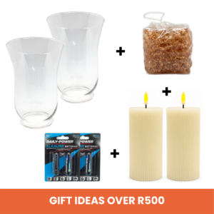 Gifts Over R500 - LED Ribbed Pillar Candle Assorted Sizes (Diameter 7.5cm x Height 15cm) + Ice Beads Assorted Colours + Glass Stormlight Vase + AA Batteries 2pk