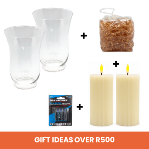Gifts Over R500 - LED Ribbed Pillar Candle Assorted Sizes (Diameter 7.5cm x Height 15cm) + Ice Beads Assorted Colours + Glass Stormlight Vase + AAA Batteries 4pk