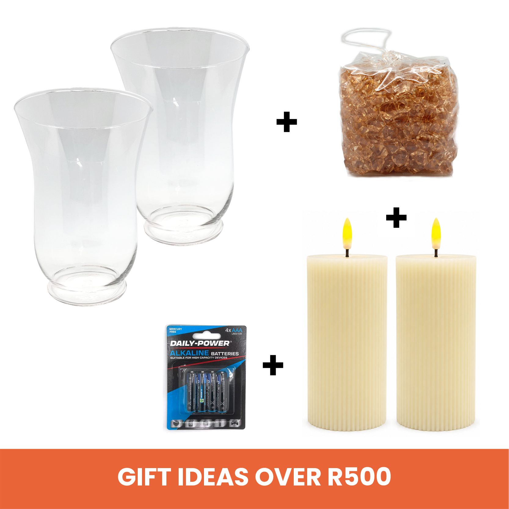 Gifts Over R500 – LED Ribbed Pillar Candle Assorted Sizes (Diameter 7.5cm x Height 15cm) + Ice Beads Assorted Colours + Glass Stormlight Vase + AAA Batteries 4pk