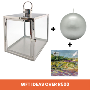Gifts Over R500 - Stainless Steel Lantern Square (Large) + Ball Candle Metallic + Printed 3ply Serviettes (20pk) Assorted Designs