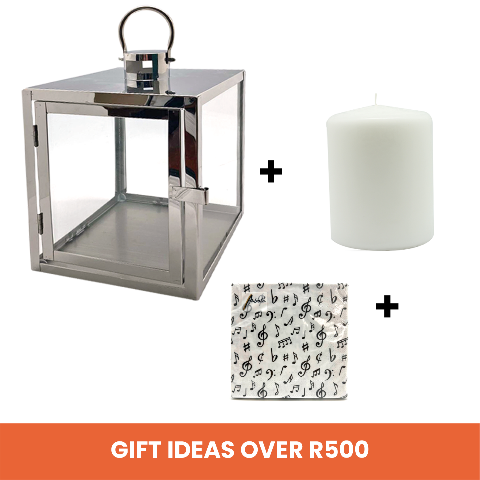 Gifts Over R500 – Stainless Steel Lantern Square (Medium) + Pillar Candle White (Diameter 8cm x Height 10cm) + Printed 3ply Serviettes (20pk) Assorted Designs