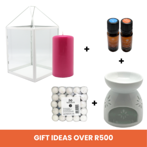 Gifts Over R500 - Box Lantern Tall + Pillar Candle Assorted Colours (Diameter 7cm x Height 13cm) + Charisma Candles Fragranced Oils + Ceramic Oil Burner + Tealight 4hr Foil Cup ( 50pk)