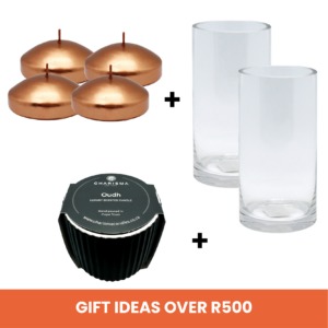 Gifts Over R500 - Large Floating Candles (Metallic) + Glass Cylinder Vase (Diameter 10cm x Height 20cm) + Charisma Candles Fragranced Candle Ceramic Ribbed Holder