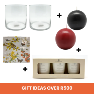 Gifts Over R500 - Glass Column Vase (Diameter 15cm x Height 15cm) + Ball Candle Assorted Colours + Charisma Candles Fragranced Votive 3-set + Printed 3ply Serviettes (20pk) Assorted Designs