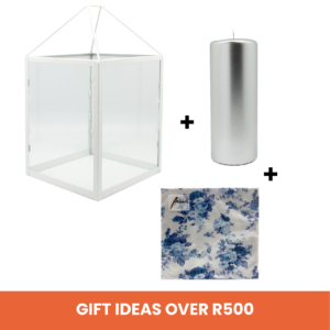 Gifts Over R500 - Box Lantern Tall + Pillar Candle Metallic (Diameter 7cm x Height 18cm) + Printed 3ply Serviettes (20pk) Assorted Designs